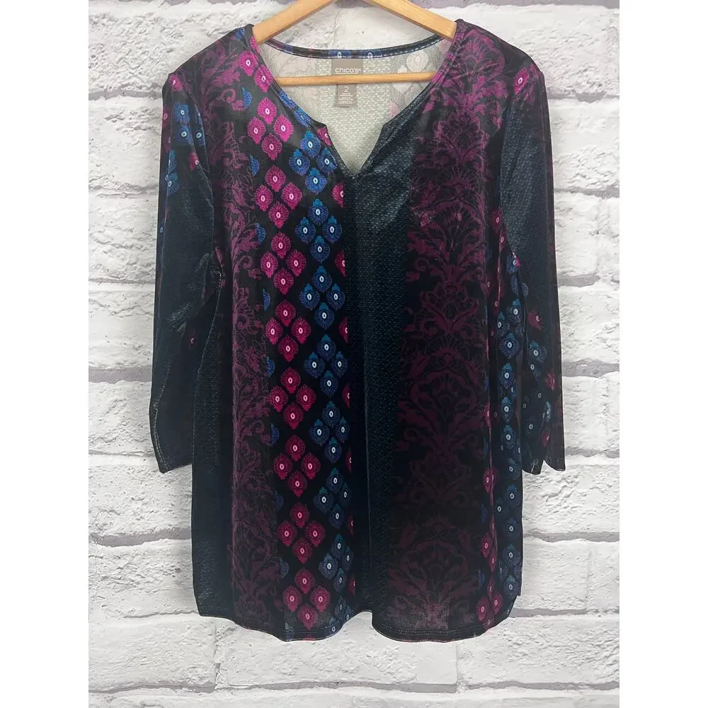 Chicos Womens L Whimsigoth Artsy Boho Eclectic Velvet Split V-Neck Tunic Top